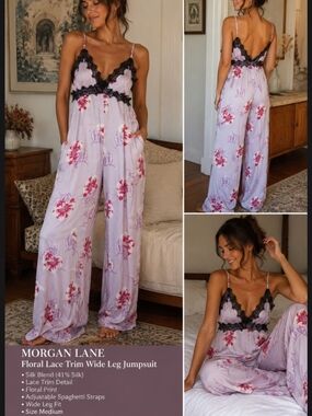 Morgan Lane Floral Lace Trim Wide Leg Jumpsuit - Lilac Pink